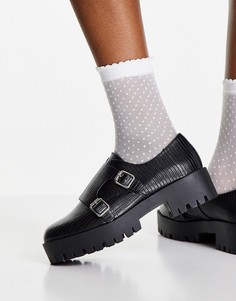 Черные туфли-монки на толстой подошве с эффектом кожи ящерицы ASOS DESIGN Misty-Черный цвет