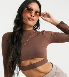 Коричневый кроп-топ с длинными рукавами и вырезом под грудью ASOS DESIGN Petite-Коричневый цвет