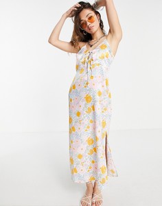 Платье с завязкой спереди, разрезом и цветочным принтом пастельных цветов Topshop-Многоцветный