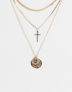Золотистое ярусное ожерелье с подвесками в виде крестика и монет Topshop-Золотистый