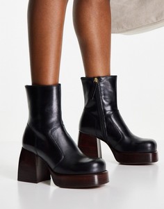 Черные кожаные ботильоны на каблуке и платформе ASOS DESIGN Rowan-Черный цвет