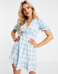 Зеленое платье мини в клетку на пуговицах спереди River Island-Зеленый цвет