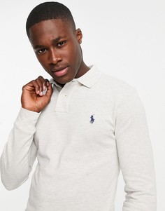 Облегающий лонгслив-поло из пике бежевого меланжевого цвета с логотипом Polo Ralph Lauren-Светло-бежевый цвет
