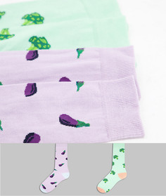 Набор из 2 пар носков с узором в виде брокколи и баклажана ASOS DESIGN-Разноцветный