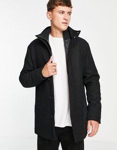 Черное шерстяное пальто со стеганой подкладкой Jack & Jones Essentials-Черный цвет