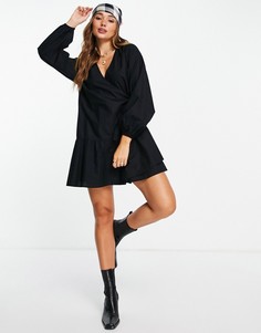 Черное платье мини из хлопкового поплина на запахе ASOS DESIGN-Черный цвет