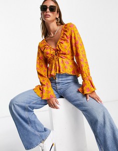 Оранжевая блузка с длинными рукавами, сборками спереди и цветочным принтом ASOS DESIGN-Разноцветный