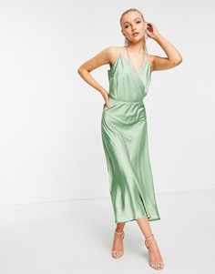 Атласное мятное платье миди на бретелях Liquorish-Зеленый цвет