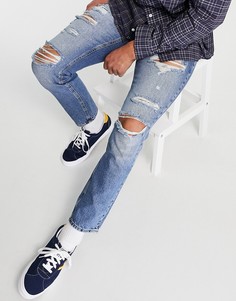 Синие джинсы слим с рваной отделкой ASOS DESIGN-Голубой