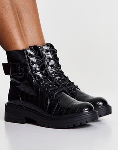 Черные ботинки с эффектом крокодиловой кожи на шнуровке с пряжкой New Look-Черный цвет