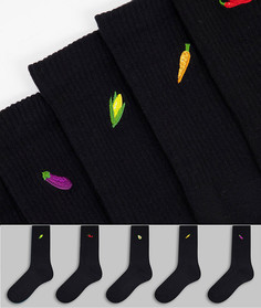Набор из 5 пар черных носков с вышивкой овощей New Look-Черный цвет