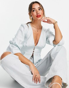 Голубая чайная блузка на пуговицах с объемными рукавами ASOS DESIGN-Голубой
