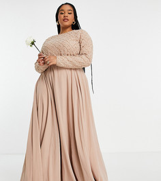 Платье макси для подружки невесты с отделкой жемчугом и бисером, длинными рукавами и юбкой из тюля ASOS DESIGN Curve Bridesmaid-Розовый цвет