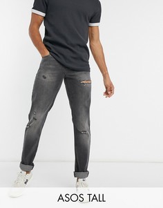 Черные выбеленные узкие джинсы с потертостями и разрезами на бедре ASOS DESIGN Tall на высокий рост-Черный