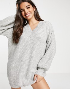 Серое вязаное платье мини с V-образным вырезом ASOS DESIGN-Серый