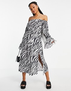 Приталенное платье миди с открытыми плечами и зебровым принтом ASOS DESIGN-Разноцветный