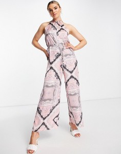 Розовый комбинезон с завязкой на шее и платочным принтом River Island-Розовый цвет