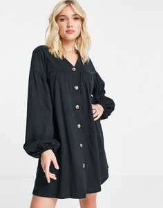 Черное платье мини на пуговицах с длинными рукавами и присборенной юбкой ASOS DESIGN-Черный цвет