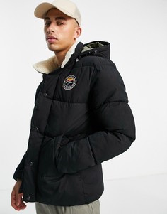 Черная дутая куртка с капюшоном и воротником из искусственного меха Jack & Jones-Черный цвет