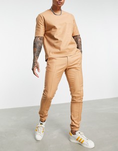 Светло-коричневые строгие зауженные брюки из смеси хлопка и льна с манжетами от комплекта ASOS DESIGN-Коричневый цвет