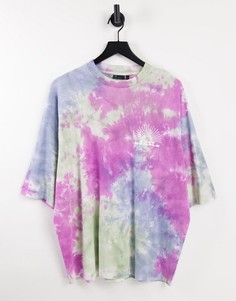 Oversized-футболка с эффектом тай-дай розового и зеленого цветов и принтом на груди ASOS DESIGN-Multi