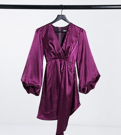 Сливовое платье мини из атласа с глубоким вырезом, рукавами-фонариками и шлейфом спереди Jaded Rose Petite Exclusive-Красный