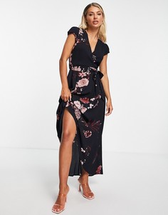 Платье миди темно-синего цвета с запахом и цветочным принтом AX Paris-Темно-синий