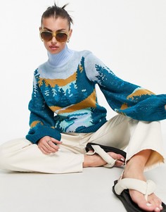 Вязаный джемпер с пейзажным принтом Annorlunda-Голубой