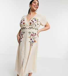 Чайное платье миди цвета слоновой кости с глубоким вырезом и цветочной вышивкой Hope & Ivy Plus-Белый