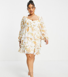 Платье в молодежном стиле с оборками, короткой расклешенной юбкой и античным цветочным принтом персикового цвета Forever New Curve-Multi