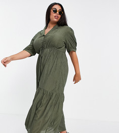 Вельветовое платье цвета хаки в мелкий рубчик с отложным воротником Lola May Plus-Зеленый цвет