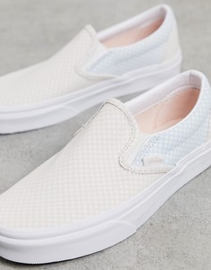 Бело-голубые кроссовки-слипоны в пастельную шахматную клетку Vans Classic-Белый