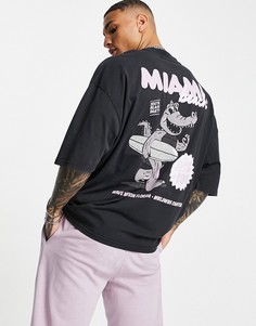 Черная выбеленная oversized-футболка с мультяшным принтом "Miami" на спине ASOS DESIGN-Черный цвет