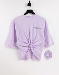 Сиреневая укороченная футболка из органического хлопка с эффектом кислотной стирки, декоративным узлом спереди и резинкой для волос в тон Chelsea Peers-Фиолетовый цвет