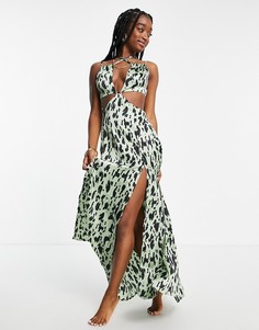 Пляжное платье макси цвета хаки с вырезом и звериным принтом ASOS DESIGN-Разноцветный