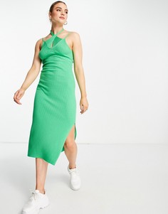 Зеленое вязаное платье миди с декоративным вырезом ASOS DESIGN-Зеленый цвет