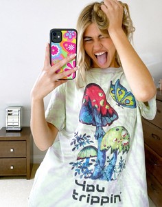 Oversized-футболка с эффектом тай-дай и принтом с грибами New Girl Order-Зеленый цвет