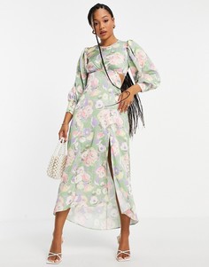 Атласное платье миди со шнуровкой на спине и цветочным принтом Miss Selfridge-Зеленый цвет