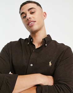Коричневая рубашка на пуговицах узкого кроя из ткани пике с логотипом Polo Ralph Lauren-Коричневый цвет