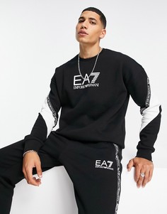 Черный флисовый свитшот с круглым вырезом в стиле колор блок Armani EA7 Train Athletic-Черный цвет