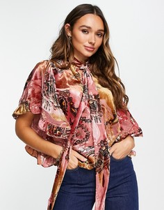 Розовая блузка в несколько слоев с рукавами-кейпом и бантом River Island-Розовый цвет