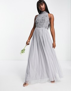 Светло-серое платье макси с юбкой из тюля и декоративной отделкой Beauut Bridesmaid-Серый