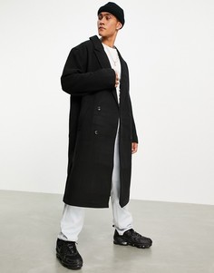Черное длинное пальто в стиле oversized из материала с добавлением шерсти ASOS DESIGN-Черный цвет
