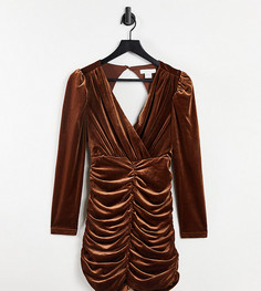 Бархатное присборенное платье мини коричневого цвета с открытой спиной Collective the Label Petite-Зеленый цвет