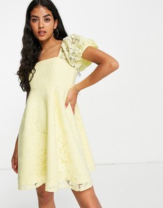 Желтое платье мини с пышными рукавами и кружевом Miss Selfridge-Желтый