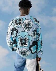 Трикотажный жаккардовый джемпер синего цвета с рисунком анютиных глазок ASOS DESIGN-Голубой
