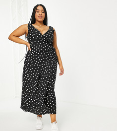 Черное льняное платье макси в белый горошек с запахом ASOS DESIGN Curve-Разноцветный