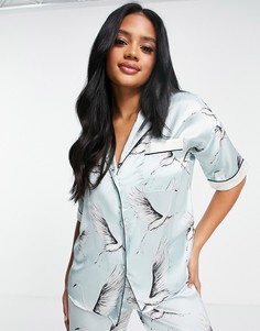 Голубая атласная пижамная рубашка с принтом птиц от комплекта River Island-Голубой
