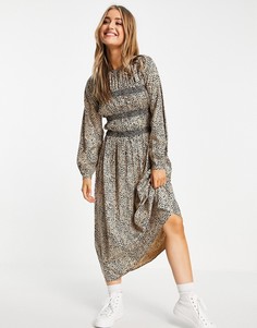 Присборенное платье миди с длинными рукавами и звериным принтом ASOS DESIGN-Разноцветный