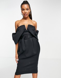 Черное платье миди с открытыми плечами, драпировкой и поясом с пряжкой ASOS DESIGN-Черный цвет